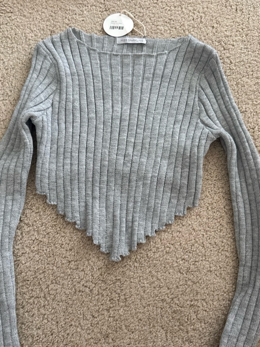 Miss Sparkling Gray Ribbed Point-Hem Crew Sweater